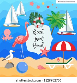 Beach lounger, shade umbrella, sailboat, sea inhabitants, tropical plant, flamingo bird, seagull, shell, bright summer flat design illustration. Elements for vacation theme game, web design, or print.