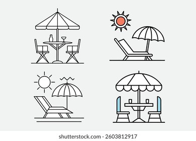 Beach lounger sun umbrella bright sun line drawing outdoor terrace icon vector illustration.