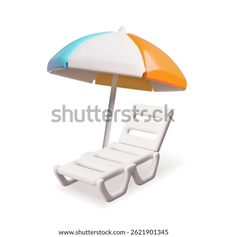 Beach lounger, sunbed with umbrella 3D plastic style vector illustration. Cartoon seaside or pool rest furniture. Summer holiday recreation and relaxation accessory isolated on white background