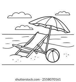 Beach lounger with umbrella on the beach. Summer landscape. Hand drawn illustration. Sketch for coloring