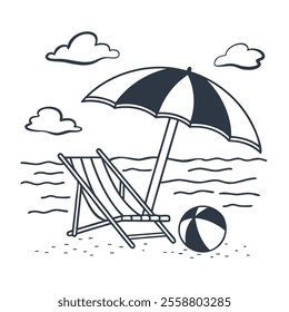 Beach lounger with umbrella on the beach. Summer landscape. Monochrome illustration. Sketch