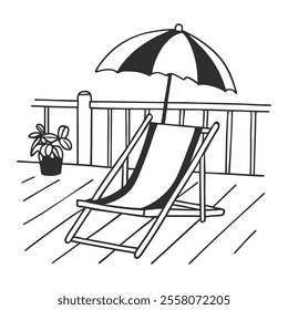 Beach lounger with umbrella on terrace. Summer landscape. Hand drawn illustration. Sketch for coloring