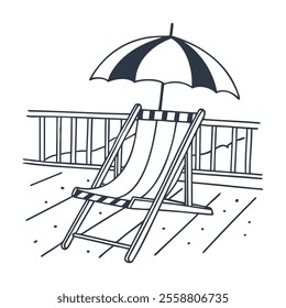 Beach lounger with umbrella on terrace. Summer landscape. Monochrome illustration. Sketch