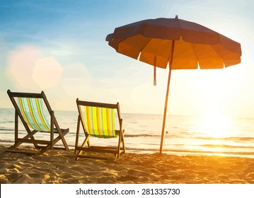 Beach loungers on deserted coast sea at sunrise. Vector illustration.