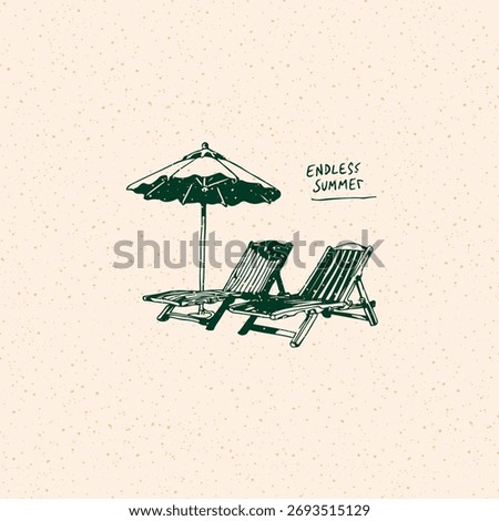 Beach Loungers under an Umbrella Vector Illustration Hand Drawn Sketch Style. Beach and Loungers and Umbrella Line Art Drawing. Tropical Vacation Illustration in Trendy Doodle Style 