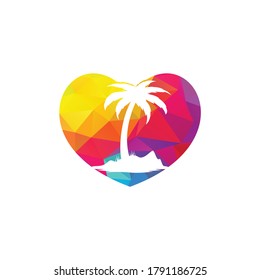 Beach love vector logo. Heart and palm tree icon. Travel and tourism sign.