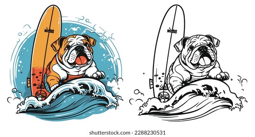 A beach loving bulldog catching some waves on a surfboard.Illustration of T-shirt design graphic.