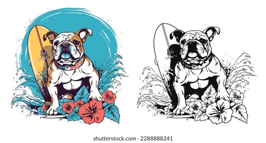 A beach loving bulldog catching some waves on a surfboard.Illustration of T-shirt design graphic.