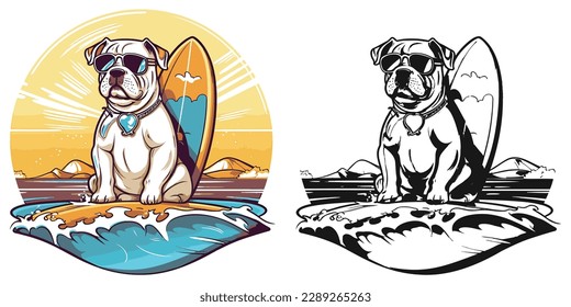 A beach loving bulldog catching some waves on a surfboard.Illustration of T-shirt design graphic.