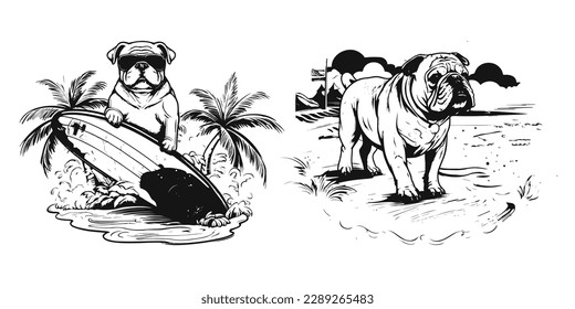 A beach loving bulldog catching some waves on a surfboard.Illustration of T-shirt design graphic.