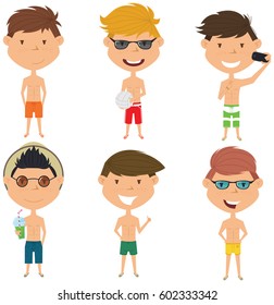 Beach male characters exhibit different body languages. Cute happy summer boys standing with drink, ball, with thumb gesture, make a selfie. Vector flat style kids isolated in white background. 