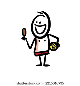 Beach man with the ball and ice cream in his hands. Doodle vector illustration of boy during summer holidays.