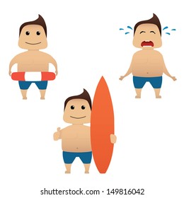 Beach man doing actions collection on white background