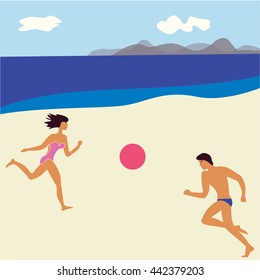 beach man and woman playing with a ball seascape abstract art modern flat style creative vector illustration