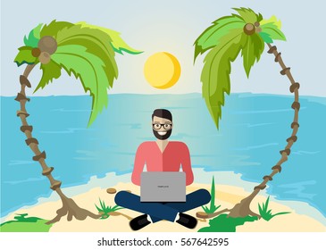 beach man working on a laptop. freelancer on the beach working on a computer. vector.