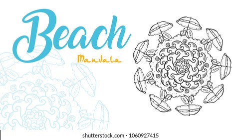 Beach mandala for coloring book. Round ornament with beach umbrella.  Anti-stress therapy art. Yoga logo vector. Tattoo sketch