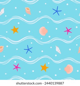 beach marine ocean seamless pattern. sea star, shell, conch, wave background. good for fabric, fashion design,  wallpaper, textile, clothing, summer resort wear, wrapping paper.