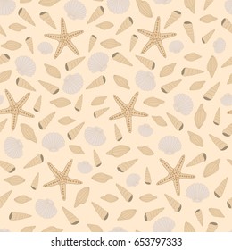 Beach marine seamless background, sand, shells and starfish, vector illustration