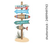 Beach marine sign with arrows and inscriptions - beach, sand and surf, sailing boats, fishing pier. A bright wooden beach road sign with signs. Illustrated vector clipart.