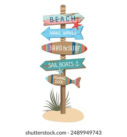 Beach marine sign with arrows and inscriptions - beach, sand and surf, sailing boats, fishing pier. A bright wooden beach road sign with signs. Illustrated vector clipart.