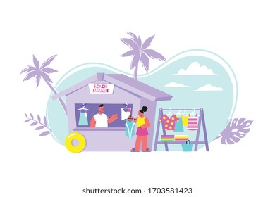 Beach market souvenir flat composition with outdoor scenery and wooden stall with people sky and clothes vector illustration