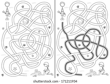 Beach maze for kids with a solution