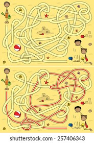 Beach maze for kids with a solution