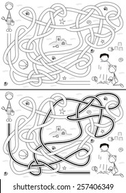 Beach maze for kids with a solution in black and white