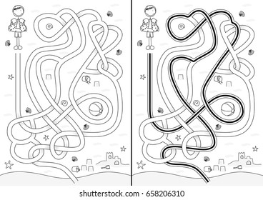Beach maze for kids with a solution in black and white