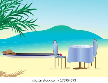 Beach. Meeting on a beach, a table with ware and two chairs, the boat with a man's hat, a view of the mountain and water.