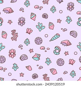 Beach memories. Natural seamless pattern with sea or ocean life. Undersea backdrop with shells, pearls, corals, pebbles, starfish. Cartoon kawaii design on purple background. Vector illustration