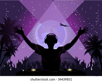 Beach midnight festival with dj and crowd