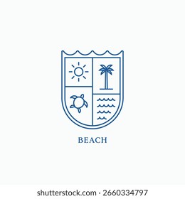 Beach minimal emblem badge logo design with turtle, waves, sun, and palm tree in linear style vector illustration
