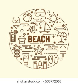 beach minimal thin line icons set, vector illustration design elements