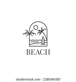 Beach minimal vector logo. Linear illustration of palm coconut tree, sun, waves, sand and surfboard in one frame simple nature summer holiday icon mark