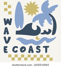 Beach modern abstract art. Ocean abstract wave. Summer vibes artwork. Sunshine paradise graphic print design. Surf club design with palm.