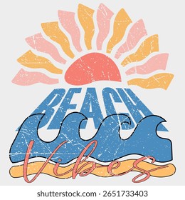 Praia arte abstrata moderna. Onda abstrata oceânica. Aí vem o sol. Verão vibes arte. Projeto gráfico de impressão Sunshine paraíso. Aproveite a vida na praia.
 Retro pôr do sol e ondas do oceano gráfico para t-shirts.