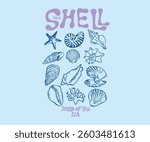 Beach modern abstract art. Sound of the sea. Seashell vintage artwork. Summer vibes artwork. Seashell line drawing. 