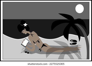 At the beach. Monochrome vector digital illustration fpr design and decoration