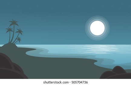Beach with moon scenery of silhouettes vector illustration