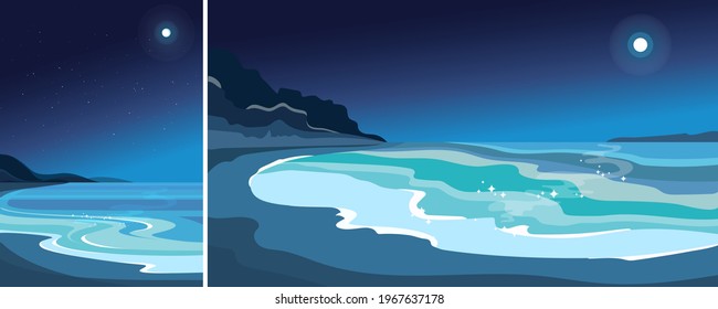 Beach in moonlight. Beautiful seascape in vertical and horizontal orientation.