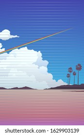 Beach / mountain landscape and rainbow across the sky background template with light scanline effect, nostalgic 80s -90s style inspiration retro summer vibe illustration