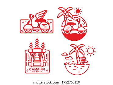 Beach and mountain line art set in red color design