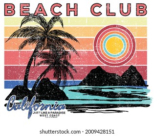 Beach mountain retro graphic design. Summer paradise print for fashion. Island vacation vector illustration.