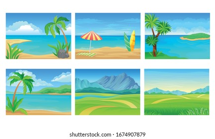 Beach and Mountain Scenes and Landscapes Vector Set