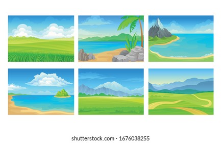 Beach and Mountain Scenes and Landscapes Vector Set