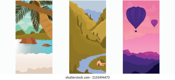Beach, mountains and balloon vector set