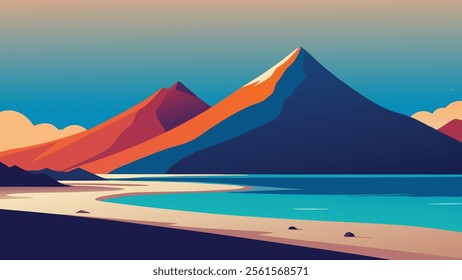 Beach with mountains rising majestically in the background, showcasing nature's beauty and tranquility flat vector illustration natural background.