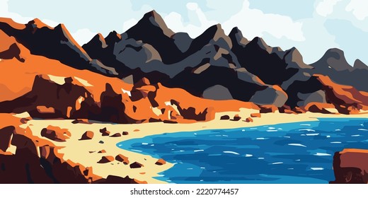 Strand, Berge und Meer. Vektorlandschaftsgrafik. Elemente werden separat in einer Vektordatei angeordnet.