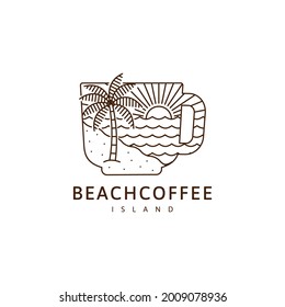 Beach and mug illustration monoline or line art style, beach, sea, coconut trees, sun vector design illustration